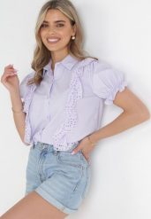 Fioletowa Koszula z Haftowanymi Falbankami Bruchy. Fioletowe koszule damskie Born2be, na wiosnę, l, bez wzorów, bez kołnierzyka, bez ramiączek. Za 119.99 zł.