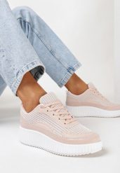 Różowe Sneakersy z Patchworkową Cholewką i Tłoczoną Platformą Geridia. Czerwone obuwie sportowe damskie Born2be, bez zapięcia. Za 84.99 zł.
