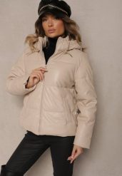 Beżowa Kurtka z Ekoskóry z Pikowanymi Przeszyciami Kapturem i Kieszeniami Seledi. Brązowe kurtki damskie Renee, l, bez wzorów, z jeansu. Za 129.99 zł.