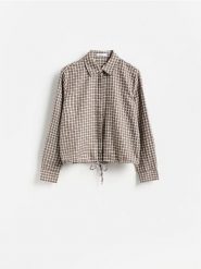 Koszula w kratę - beżowy. Brązowe koszule damskie Reserved, l, bez wzorów, z bawełny, bez kołnierzyka, bez ramiączek. Za 129.99 zł.