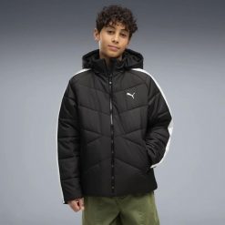 Młodzieżowa pikowana kurtka puchowa T7 z zamkiem PUMA. Czarna kurtki damskie Puma, m, bez wzorów, z dresówki, z kapturem. Za 429.00 zł.
