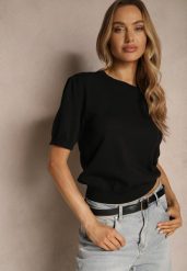 Czarna Dzianinowa Bluzka z Wiskozą z Lekkimi Bufkami w Ramionach Afevia. Czarne bluzki damskie Renee, m, bez wzorów, z dzianiny, eleganckie, bez kołnierzyka, bez ramiączek. Za 49.99 zł.