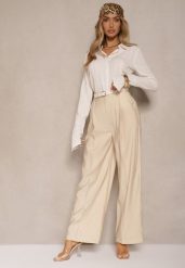 Jasnobeżowe Garniturowe Spodnie High Waist o Szerokim Kroju Efrase. Brązowe spodnie materiałowe damskie Renee, bez wzorów, z jeansu. Za 89.99 zł.