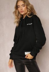 Czarna Bluza z Nadrukiem na Tyle i Kapturem oraz Kieszonką Stelletta. Czarne bluzy damskie Renee, l, bez wzorów, z bawełny, z kapturem. Za 84.99 zł.