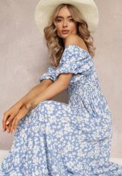 Niebieska Trapezowa Sukienka Bawełniana w Kwiaty Cresenia. Niebieskie sukienki damskie Renee, bez wzorów, z bawełny, bez ramiączek. W wyprzedaży za 75.99 zł.