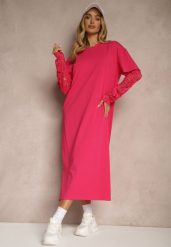 Fuksjowa Sukienka z Bawełny o Kroju Typu T-shirt z Koronką i Rozcięciami Tanisla. Czerwone sukienki damskie Renee, bez wzorów, z bawełny, eleganckie, bez ramiączek. W wyprzedaży za 50.99 zł.