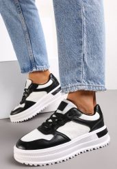 Czarne Sznurowane Sneakersy z Brokatem na Grubej Podeszwie z Wycięciami Amena. Białe obuwie sportowe damskie Renee, bez zapięcia. Za 74.99 zł.