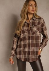 Brązowa Koszula z Bawełny Ozdobiona Kratą Monitela. Brązowe koszule damskie Renee, m, bez wzorów, z bawełny, klasyczne, bez kołnierzyka, bez ramiączek. Za 119.99 zł.