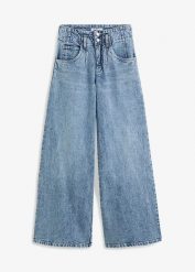 Dżinsy wide leg z wysokim stanem. Niebieskie jeansy damskie bonprix, z podwyższonym stanem. Za 169.99 zł.