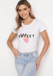 Biała Bawełniana Bluzka z Nadrukiem i Napisem Vemassa. Białe bluzki damskie Born2be, m, bez wzorów, z bawełny, bez kołnierzyka, bez ramiączek. Za 34.99 zł.