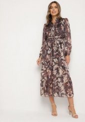 Szara Rozkloszowana Sukienka z Wiązanym Paskiem i Metaliczną Nicią Nalirina. Szare sukienki damskie Born2be, z aplikacjami, z elastanu, eleganckie, bez ramiączek. Za 129.99 zł.