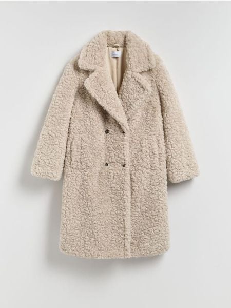 Płaszcz z imitacji baranka - beżowy. Brązowe płaszcze damskie Reserved, l, bez wzorów, bez kaptura. Za 399.99 zł.