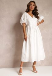 Biała Rozkloszowana Sukienka Maxi z Ażurowymi Wstawkami z Lnem i Bawełną Camya. Białe sukienki damskie Renee, w ażurowe wzory, z bawełny, eleganckie, bez ramiączek. W wyprzedaży za 183.99 zł.