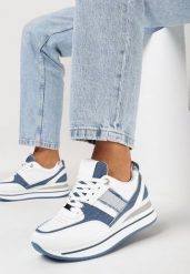 Biało-Niebieskie Sneakersy na Grubej Podeszwie z Materiałowymi Wstawkami i Brokatem Omifa. Białe obuwie sportowe damskie Born2be, z materiału, bez zapięcia. Za 159.99 zł.