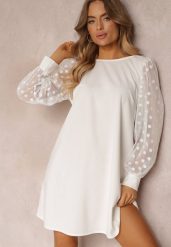 Biała Pudełkowa Sukienka Mini z Ozdobnymi Rękawami z Siateczki Unicie. Białe sukienki damskie Renee, bez wzorów, bez ramiączek. W wyprzedaży za 63.99 zł.