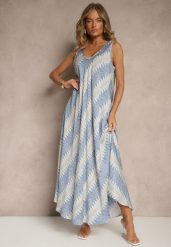 Niebieska Rozkloszowana Sukienka z Geometrycznym Wzorem Lumire. Niebieskie sukienki damskie Renee, z aplikacjami, eleganckie, bez ramiączek. W wyprzedaży za 55.99 zł.
