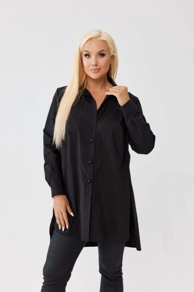 Klasyczna czarna koszula Elena zapinana na guziki, asymetryczny krój PLUS SIZE XXL OVERSIZE JESIEŃ. Czarne koszule damskie Moda Size Plus Iwanek, na jesień, plus size, bez wzorów, z bawełny, biznesowe, z asymetrycznym kołnierzem, plus size, bez ramiączek. Za 199.90 zł.