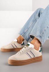 Beżowo-Zielone Klasyczne Sneakersy na Niewysokiej Platformie Terilee. Brązowe obuwie sportowe damskie Renee, z materiału, bez zapięcia. Za 109.99 zł.