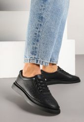 Czarne Skórzane Sneakersy Ozdobione Aplikacją i Perforacją Taneorisa. Czarne obuwie sportowe damskie Born2be, z jeansu, bez zapięcia. Za 109.99 zł.