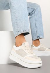Beżowe Sneakersy Streetwearowe na Platformie Ninelis. Brązowe obuwie sportowe damskie Renee, z jeansu, bez zapięcia. Za 74.99 zł.