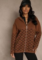 Brązowy Rozpinany Kardigan z Kapturem z Geometrycznym Wzorem Neratusa. Brązowe kardigany damskie Renee, l, bez wzorów, z jeansu. Za 79.99 zł.