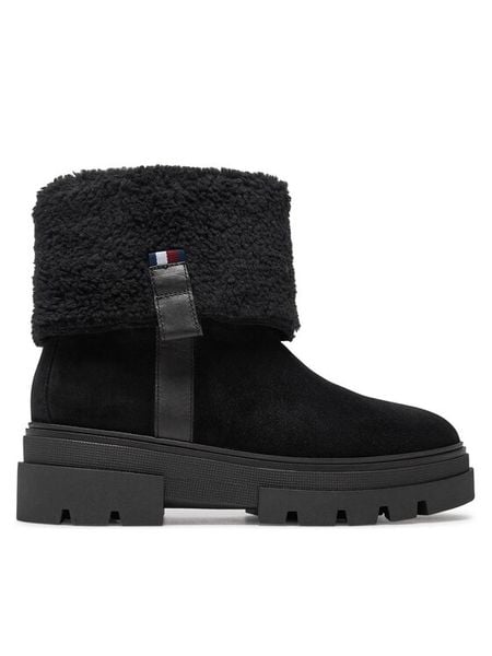 Tommy Hilfiger Botki Faux Fur Suede Roll-Down Boot FW0FW08158 Czarny. Czarne botki damskie Tommy Hilfiger, ze skóry, bez obcasa, na płaskiej podeszwie, bez zapięcia. Za 449.99 zł.