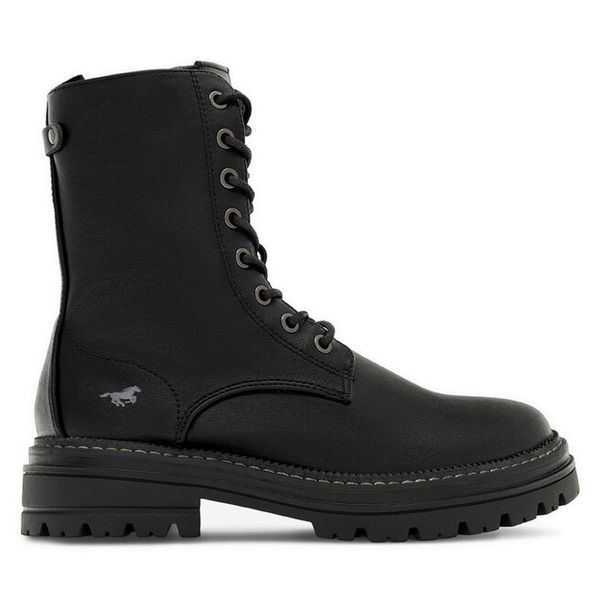 Trzewiki Mustang. Czarne botki damskie Mustang, bez obcasa, na płaskiej podeszwie, bez zapięcia. Za 349.99 zł.