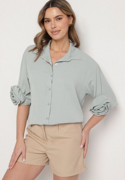 Jasnozielona Koszula z Aplikacjami Kwiatów 3D Tenemara. Zielone koszule damskie Born2be, uniwersalny, z aplikacjami, z jeansu, klasyczne, bez kołnierzyka, bez ramiączek. Za 79.99 zł.