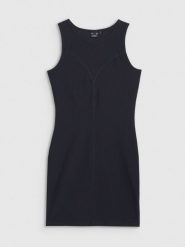 4F Sukienka mini z prążkowanej dzianiny damska - czarna M. Czarne sukienki damskie 4F, bez wzorów, z dzianiny, eleganckie, bez ramiączek. Za 129.99 zł.