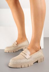 Beżowe Mokasyny z Plecioną Cholewką Halessea. Brązowe mokasyny damskie Renee, bez obcasa. Za 129.99 zł.