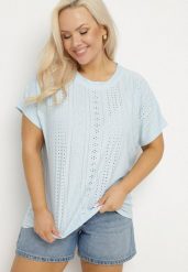 Jasnoniebieski Klasyczny T-shirt z Bawełną Nilavienna. Niebieskie t-shirty damskie Born2be, uniwersalny, bez wzorów, z bawełny, bez kołnierzyka. Za 34.99 zł.