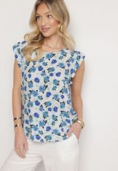 Niebieska Bawełniana Bluzka w Kwiaty Naperia. Niebieskie bluzki damskie Born2be, l, bez wzorów, z bawełny, eleganckie, bez kołnierzyka, bez ramiączek. Za 34.99 zł.