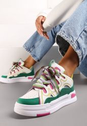 Biało-Zielone Sneakersy na Platformie z Grubymi Kolorowymi Sznurówkami Adrianu. Białe obuwie sportowe damskie Renee, na lato, bez zapięcia, trekkingowe. Za 89.99 zł.