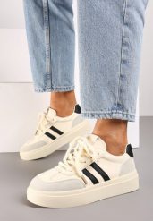 Beżowo-Czarne Sneakersy na Grubej Podeszwie z Paskami i Sznurowaniem Tiariel. Brązowe obuwie sportowe damskie Born2be, bez zapięcia. Za 79.99 zł.