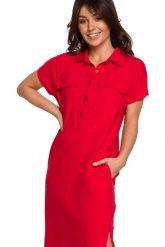 Sukienka koszulowa szmizjerka z kołnierzykiem czerwona bawełna. Czerwone sukienki damskie Bewear, bez wzorów, z bawełny, biznesowe, bez ramiączek. Za 319.00 zł.