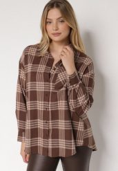 Brązowa Bawełniana Koszula w Kratę Monittia. Brązowe koszule damskie Born2be, m, bez wzorów, z bawełny, eleganckie, bez kołnierzyka, bez ramiączek. Za 119.99 zł.