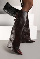 Bordowe Kozaki na Obcasie Ozdobione Wywiniętą Cholewką z Paskami i Klamrami Liennia. Czerwone kozaki damskie Born2be, bez obcasa, na obcasie, bez zapięcia. Za 189.99 zł.