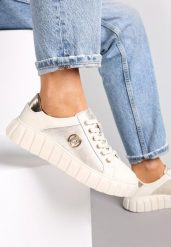 Beżowo-Złote Sznurowane Sneakersy ze Skóry Breana. Brązowe obuwie sportowe damskie Renee, ze skóry, bez zapięcia. Za 169.99 zł.