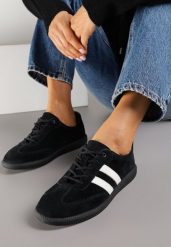 Czarno-Białe Płaskie Sneakersy ze Skóry Naturalnej z Ozdobnymi Paskami Nelarielis. Czarne obuwie sportowe damskie Renee, z bawełny, bez zapięcia, tenisowe. Za 179.99 zł.