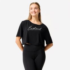 Koszulka do tańca modern jazz damska Domyos crop top. Czarne bluzki damskie DOMYOS, xs, bez wzorów, z elastanu, eleganckie, bez kołnierzyka, bez ramiączek. Za 69.99 zł.