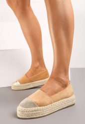 Brązowe Espadryle z Brokatowym Noskiem i Plecioną Podeszwą Plaora. Brązowe espadryle damskie Renee, bez wzorów, bez obcasa, na platformie. Za 59.99 zł.