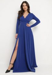Granatowa Rozkloszowana Sukienka z Dekoltem w Serek i Rozcięciem Zdobiona Metaliczną Nicią Emilandra. Niebieskie sukienki damskie Born2be, z aplikacjami, z materiału, eleganckie, bez ramiączek. W wyprzedaży za 178.49 zł.