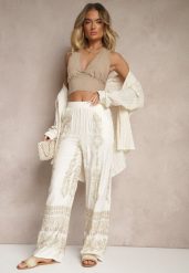 Beżowe Szerokie Spodnie z Lnem i Bawełną High Waist z Haftem i Metaliczną Nicią Serilia. Brązowe spodnie materiałowe damskie Renee, bez wzorów, z bawełny. Za 64.99 zł.