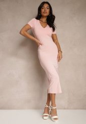 Różowa Sukienka Bodycon o Dopasowanym Kroju z Dekoltem w V Efrerina. Czerwone sukienki damskie Renee, bez wzorów, z jeansu, eleganckie, bez ramiączek. W wyprzedaży za 107.99 zł.