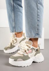 Beżowo-Zielone Sneakersy Streetwearowe na Grubej Podeszwie Waniffia. Brązowe obuwie sportowe damskie Renee, z jeansu, bez zapięcia. Za 109.99 zł.