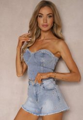 Niebieskie Jeansowe Szorty High Waist Hindia. Niebieskie szorty damskie Renee, bez wzorów, z jeansu, z podwyższonym stanem. Za 59.99 zł.