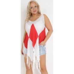 Biało-Czerwona Tunika Nyssaia. Białe tuniki damskie Born2be, na imprezę, m, w ażurowe wzory, z asymetrycznym kołnierzem, bez ramiączek. Za 34.99 zł.