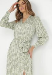 Zielono-Biała Sukienka Asoele. Zielone sukienki damskie Born2be, bez wzorów, z materiału, klasyczne, bez ramiączek. Za 119.99 zł.