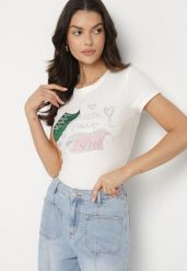 Biały Bawełniany T-shirt z Nadrukiem z Cyrkoniami Karissen. Białe t-shirty damskie Born2be, m, bez wzorów, z bawełny, bez kołnierzyka. Za 34.99 zł.