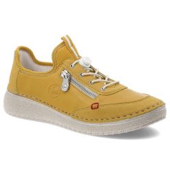Żółte Sneakersy Rieker Stylowe Wsuwane Obuwie Damskie. Żółte obuwie sportowe damskie Rieker, na wiosnę, ze skóry, bez zapięcia, trekkingowe. Za 279.00 zł.